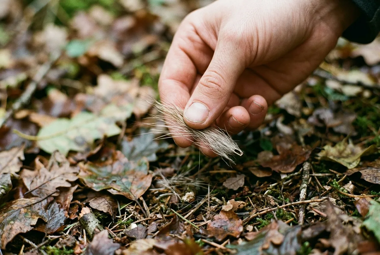 A hand lifting a small tuft of deer hair from the ground at the hit site