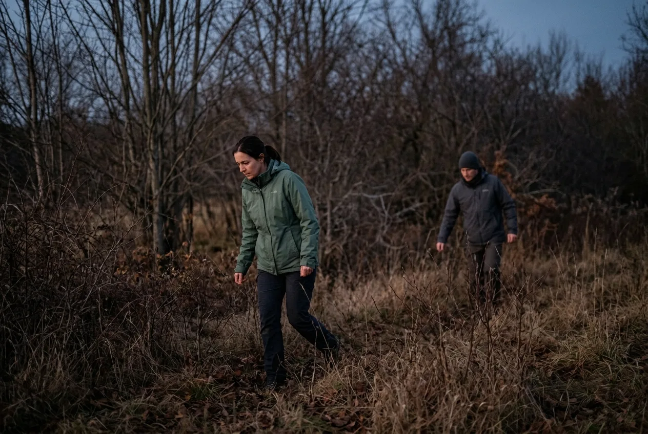 Two people spread out doing a slow grid search through brush at last light