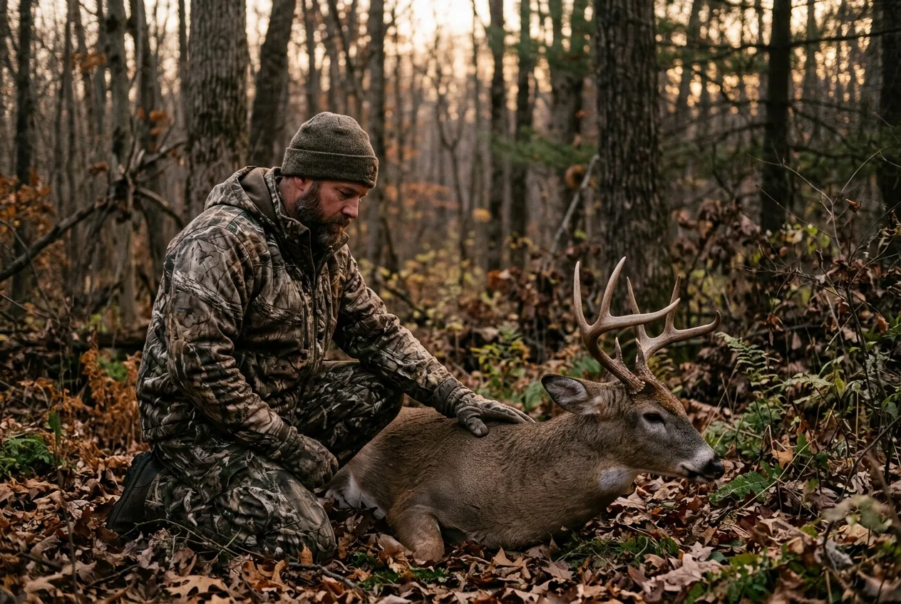 A hunter kneeling quietly beside a recovered deer at last light, a hand resting on it