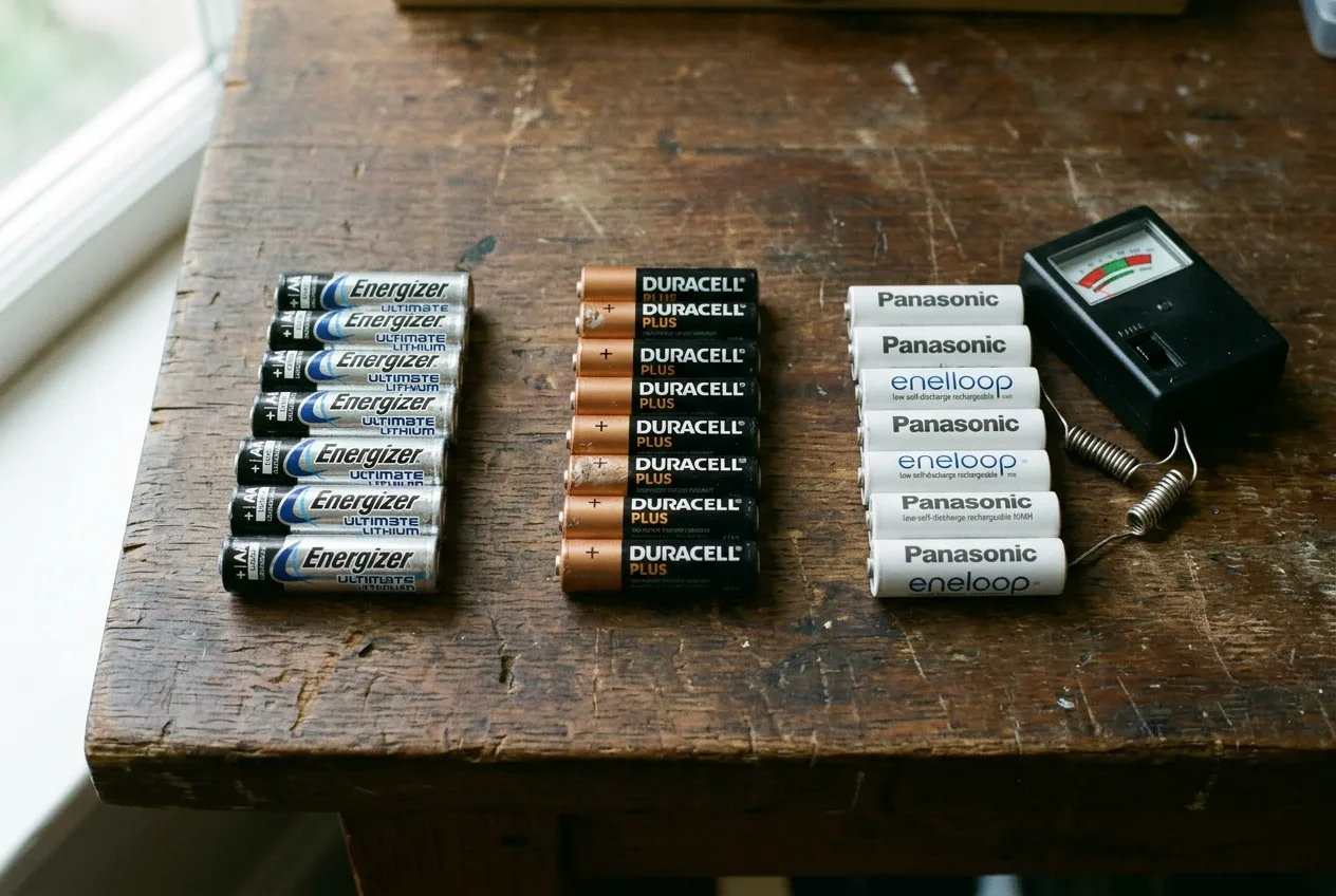 Three types of AA batteries laid out side by side on a wooden table in soft light