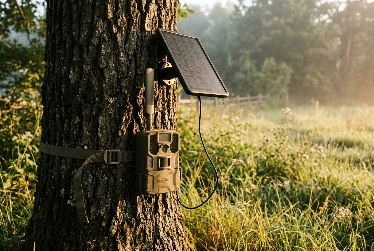 A cellular trail camera with an antenna paired with a small solar panel on a tree at sunrise