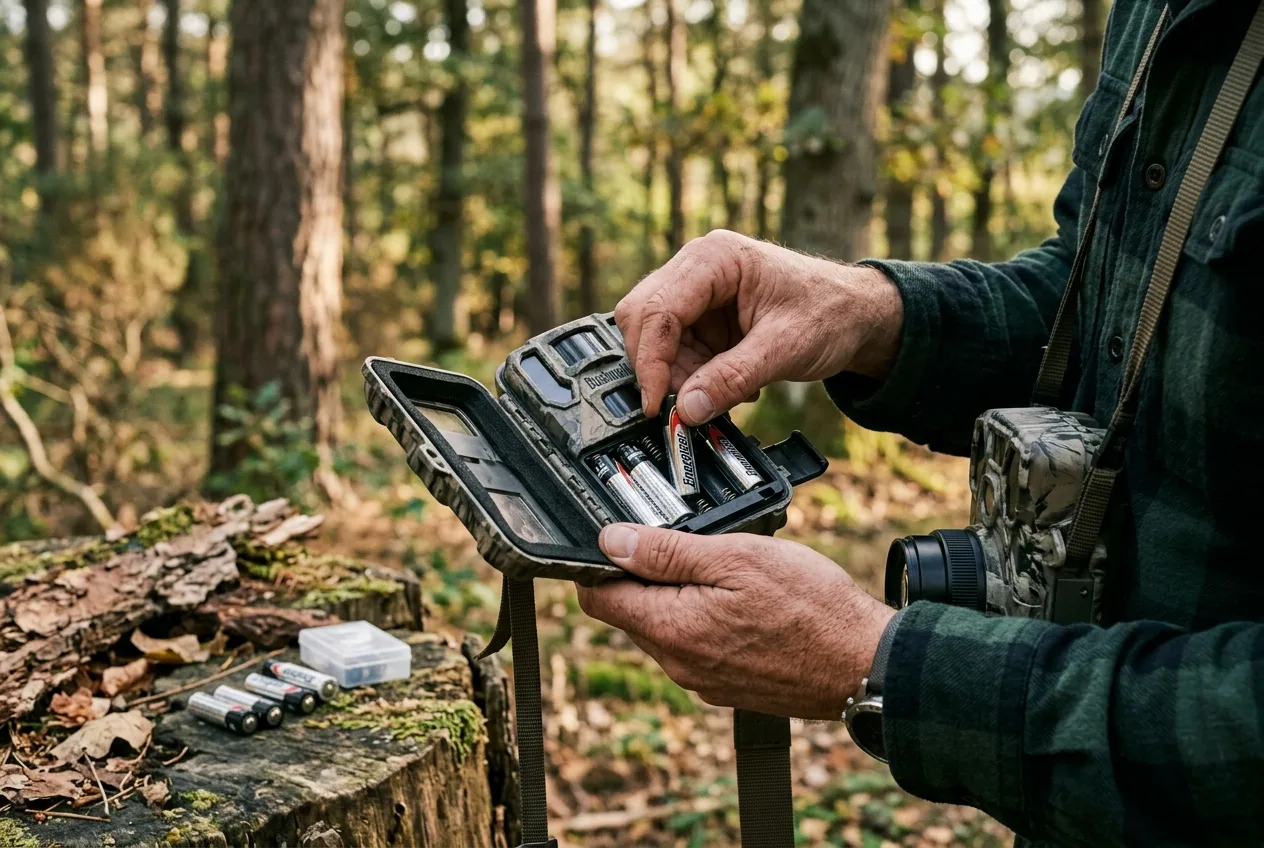 A hand inserting AA batteries into an open trail camera's battery compartment outdoors