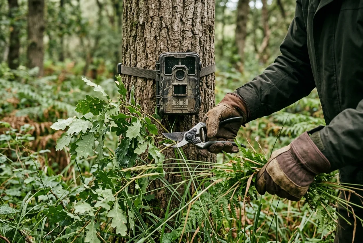 A person's gloved hands clipping back tall grass and a branch in front of a mounted trail camera