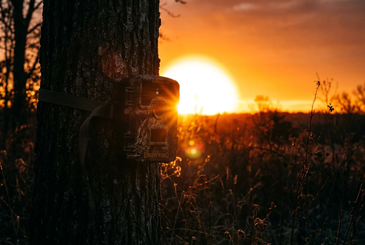 A trail camera on a tree backlit by a low sun directly in front of the lens, washing out the scene