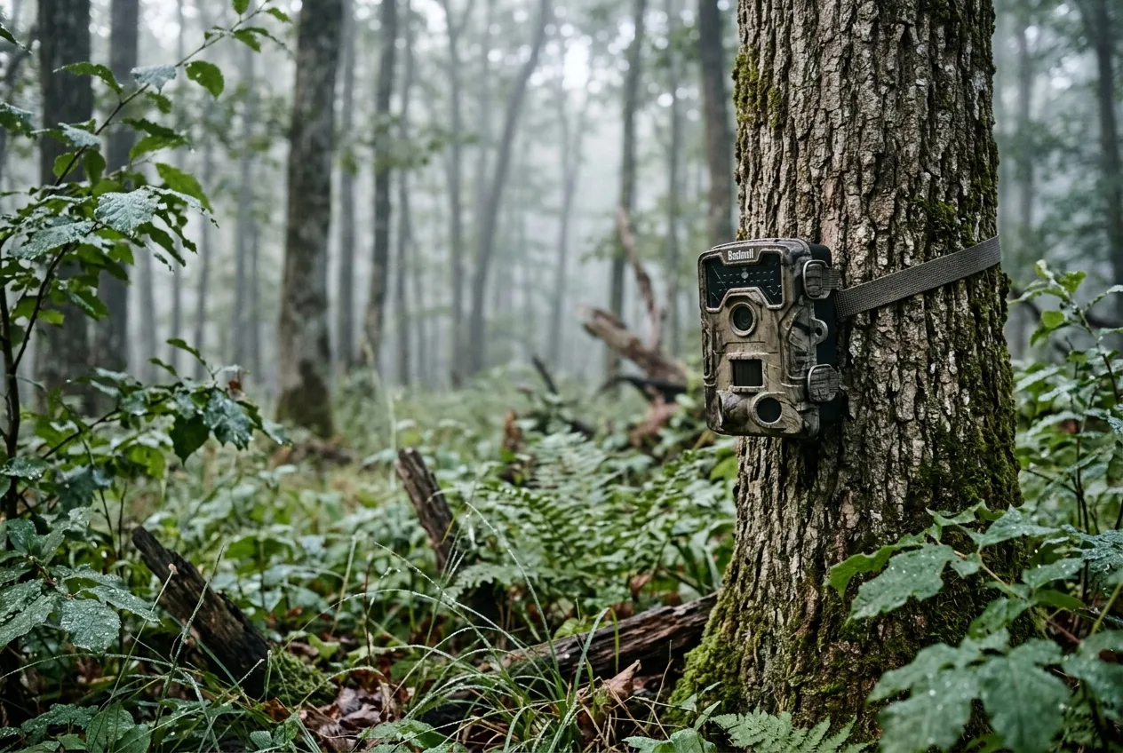 A trail camera on a tree at the shaded edge of woods with light morning fog among the trunks