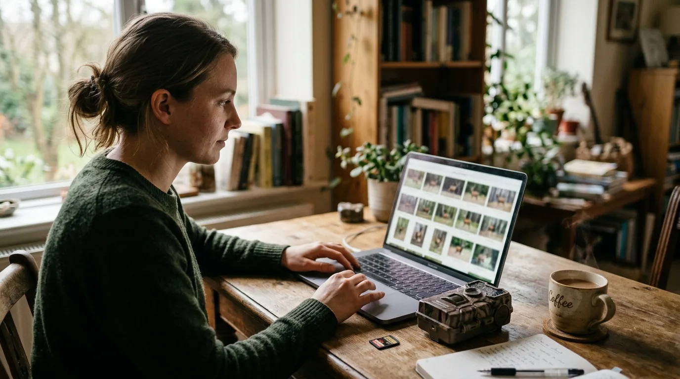 A person at a laptop reviewing and tagging wildlife camera photos at a desk by a window