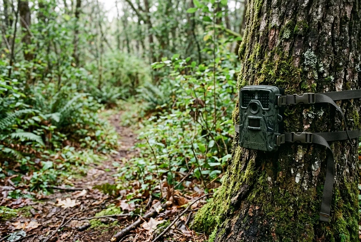 A weatherproof trail camera strapped to a tree trunk facing a woodland clearing