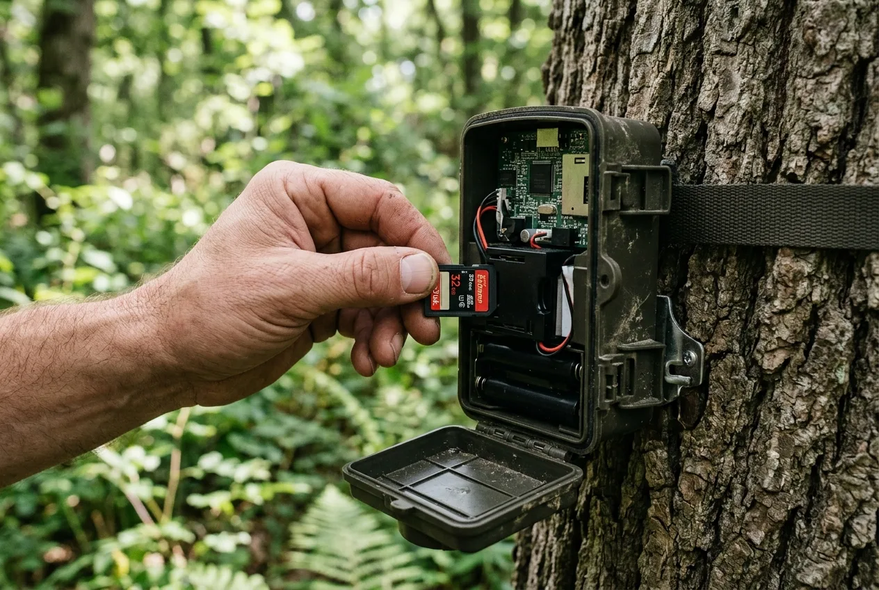 Close view of a hand removing an SD card from a trail camera in the field