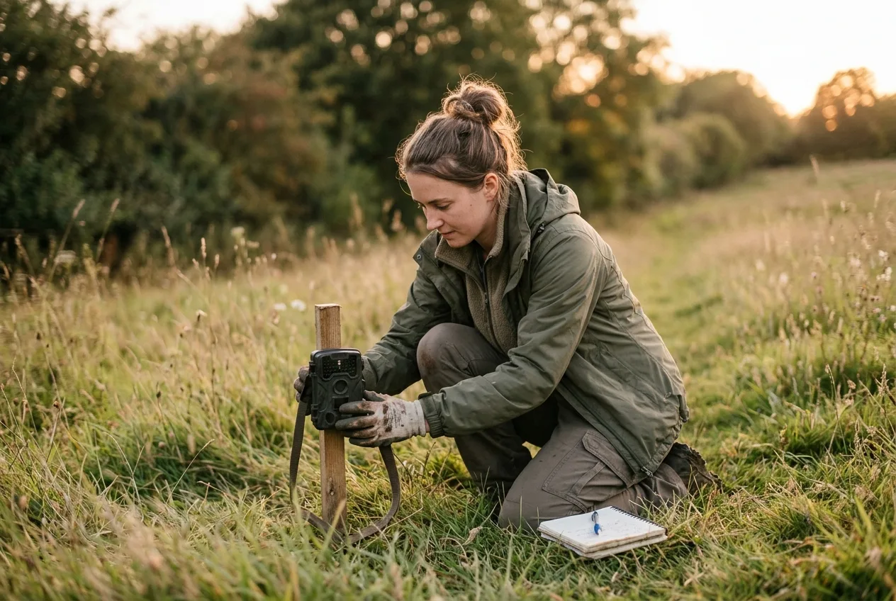 A volunteer crouched in a meadow positioning a trail camera on a short stake