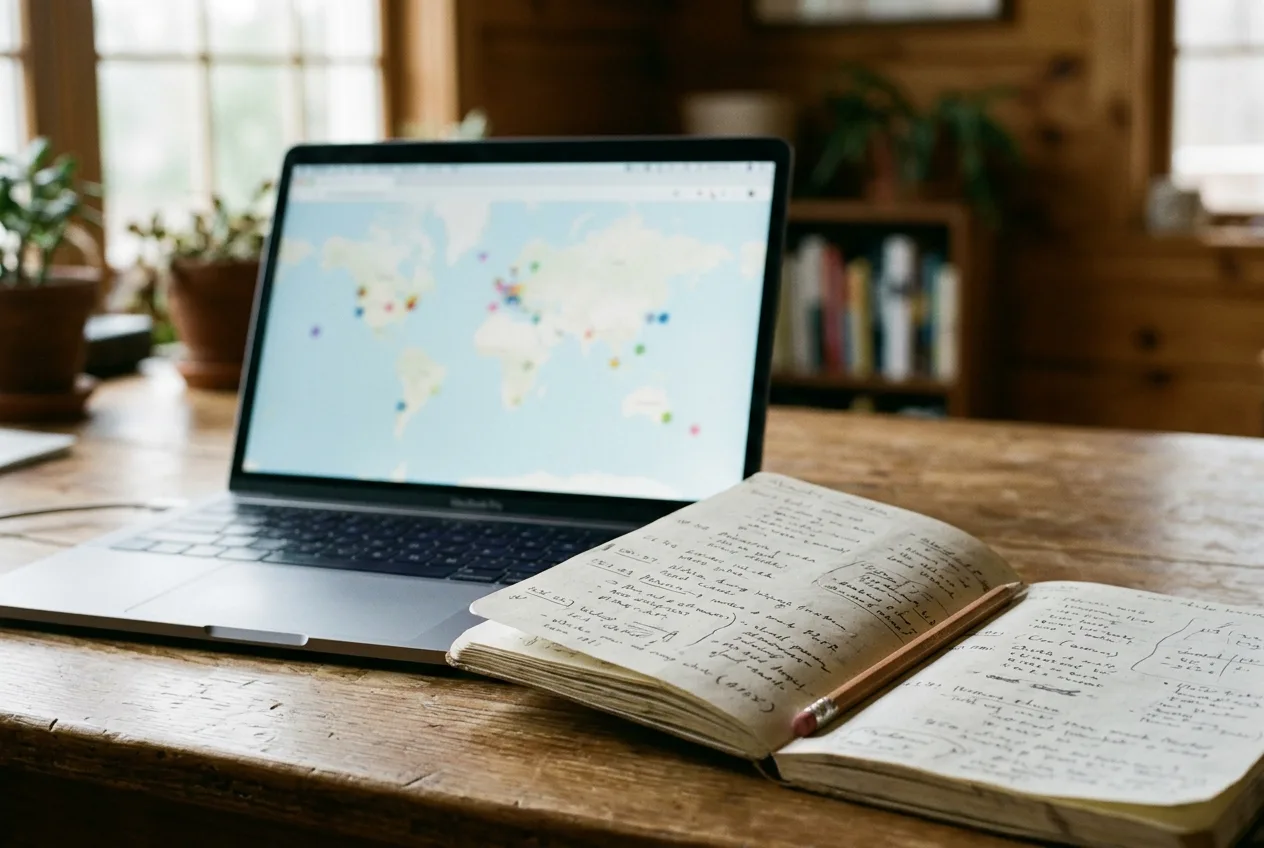 A laptop on a desk showing a soft map of scattered location dots beside a field notebook