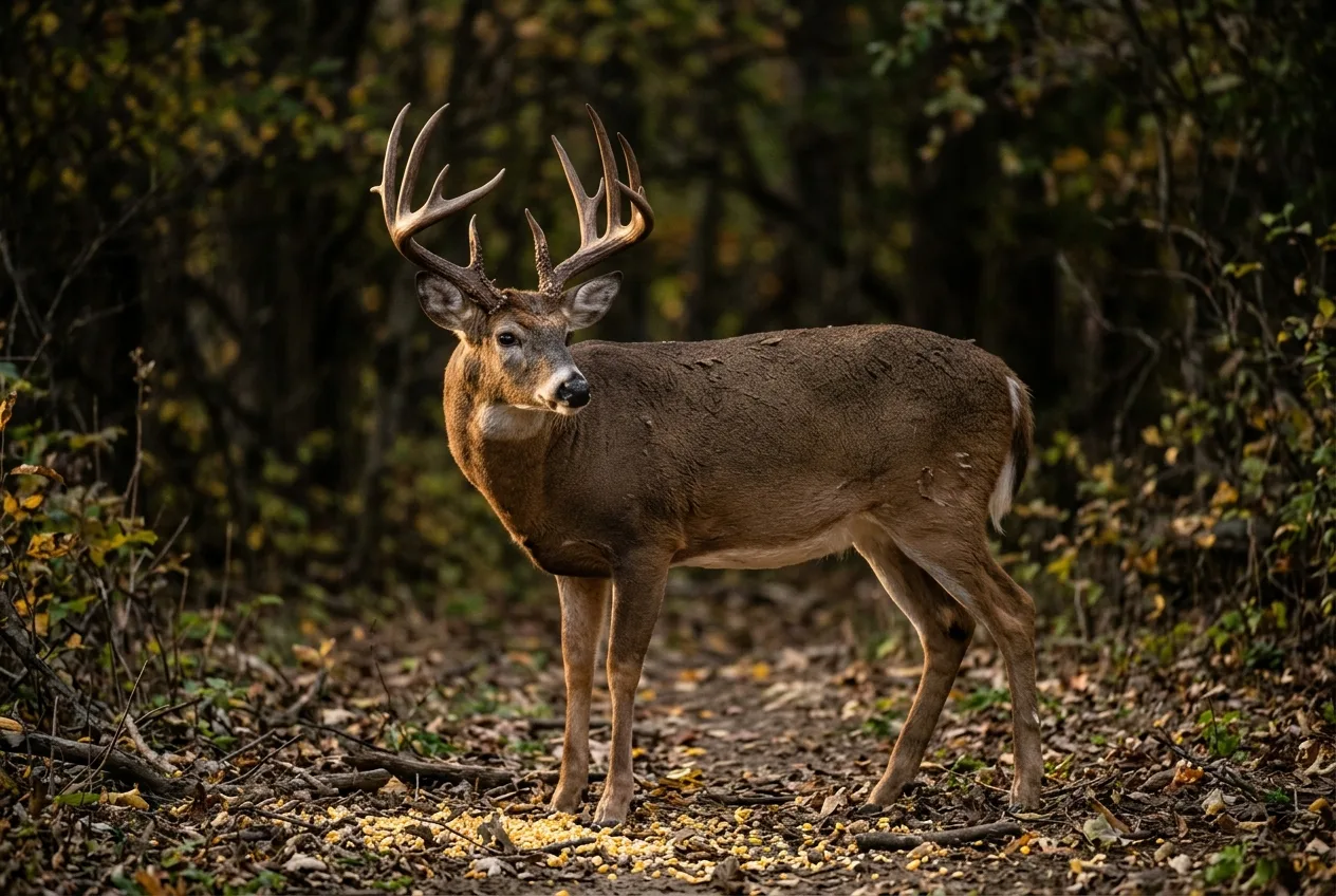 A mature white-tailed buck with hardened antlers standing broadside at a bait site in golden light