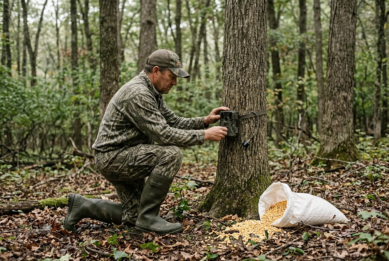 A hunter kneeling at a trail camera on a tree pouring corn and checking the camera during a survey