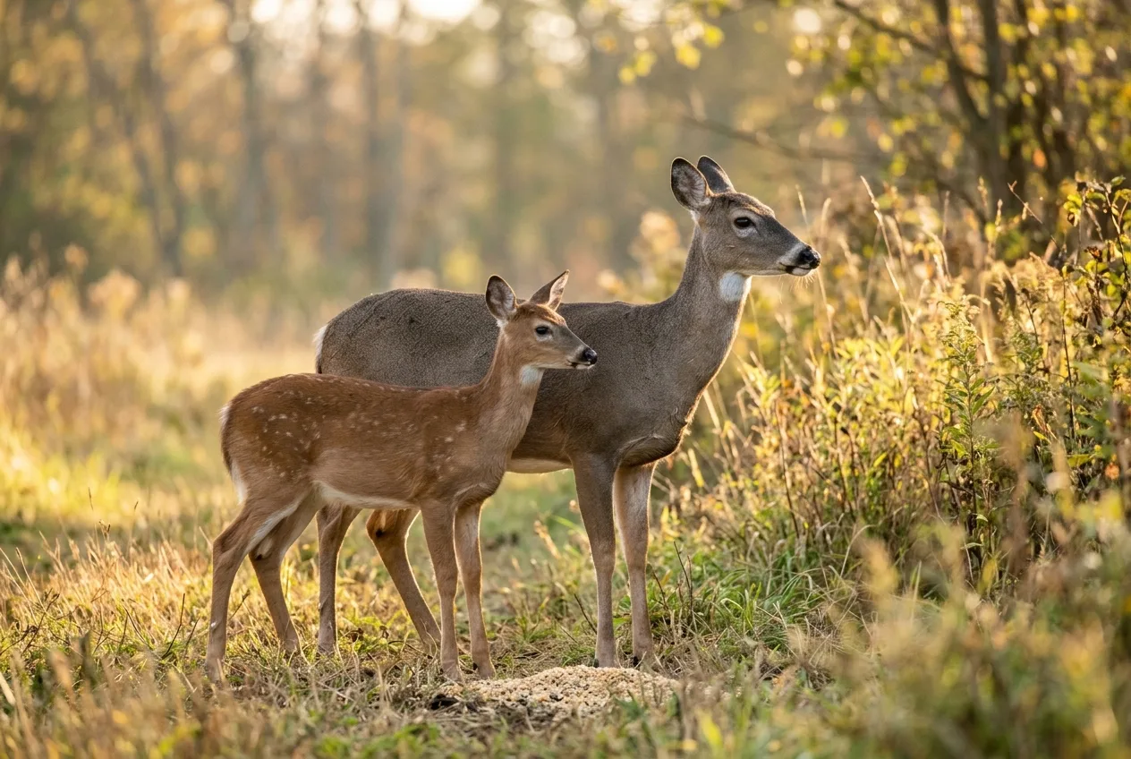 A doe and a single fawn at a bait site in low evening light at the edge of a field