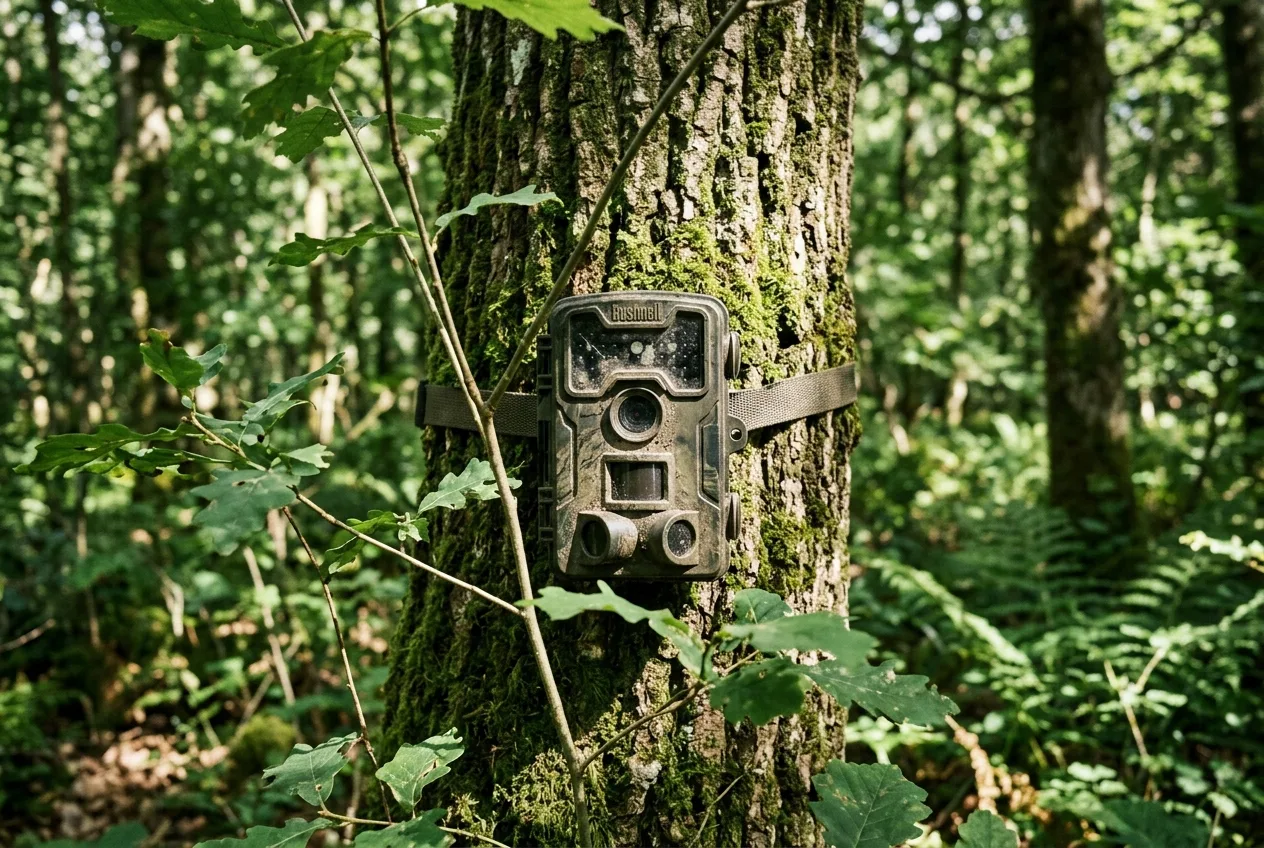 Close view of a trail camera on a mossy tree trunk with sunlit branches crossing its view