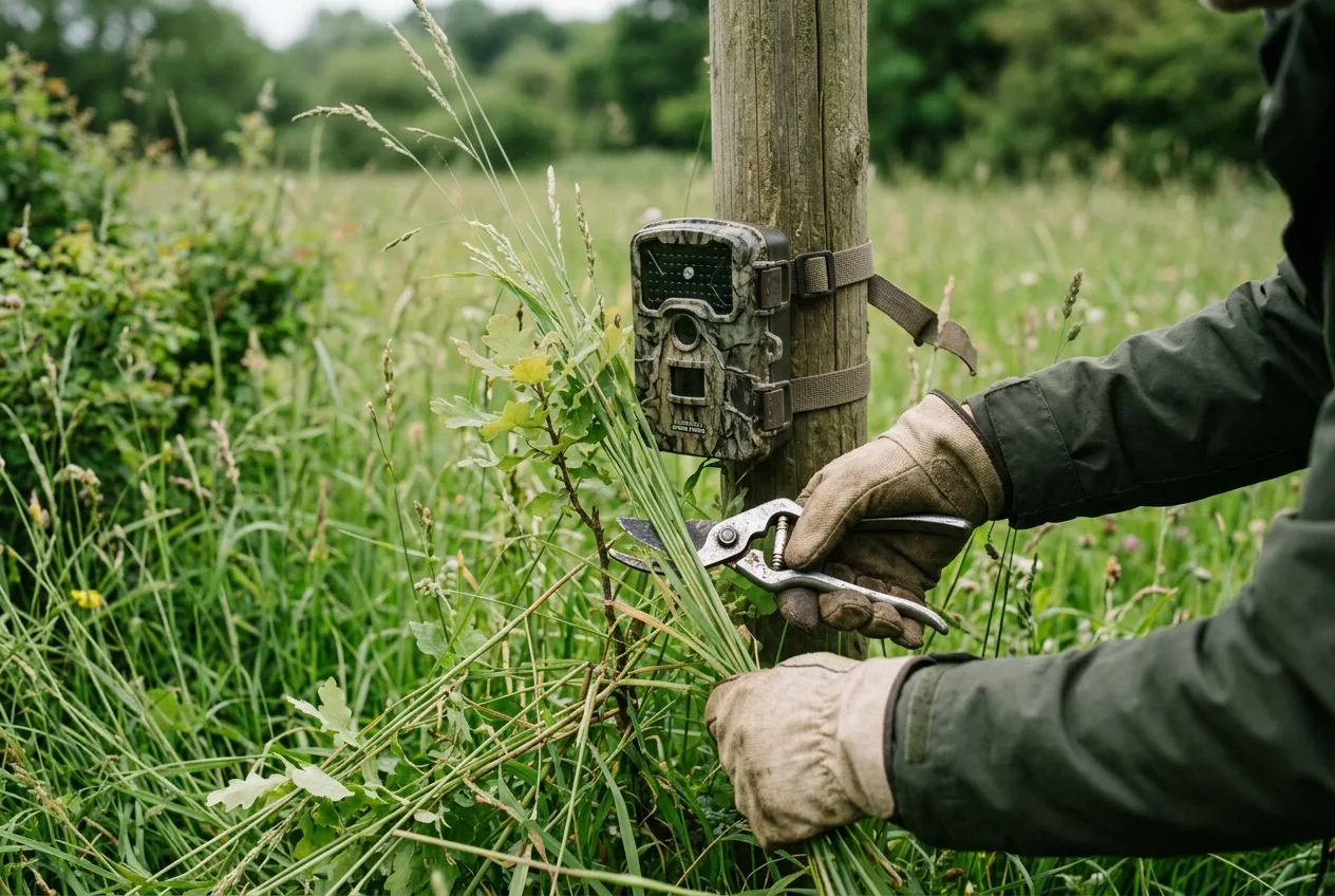 A person's gloved hands clearing tall grass and a sapling in front of a mounted trail camera