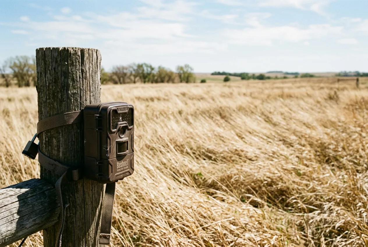 A trail camera on a post facing across an open sunlit field of wind-blown tall grass