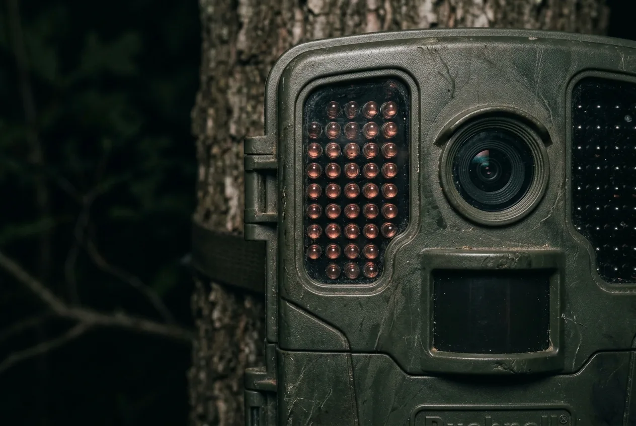 Close view of a trail camera's infrared LED array, some LEDs faintly glowing red