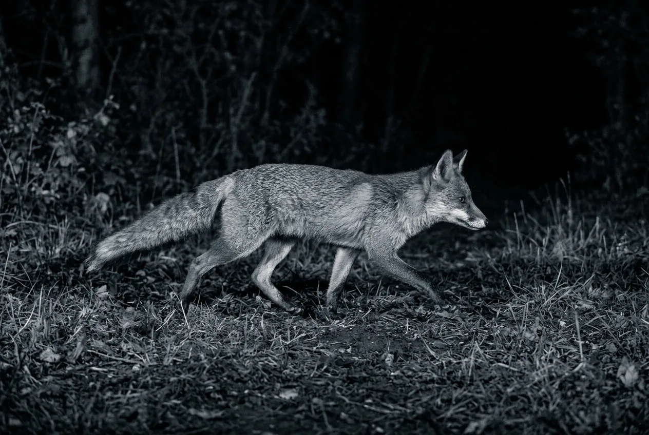 A red fox caught mid-stride at night under infrared light