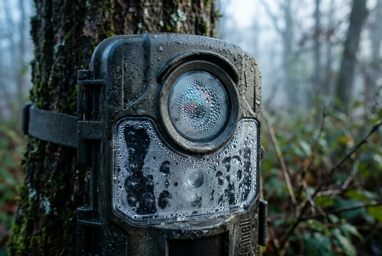 Close view of a trail camera lens fogged with condensation droplets