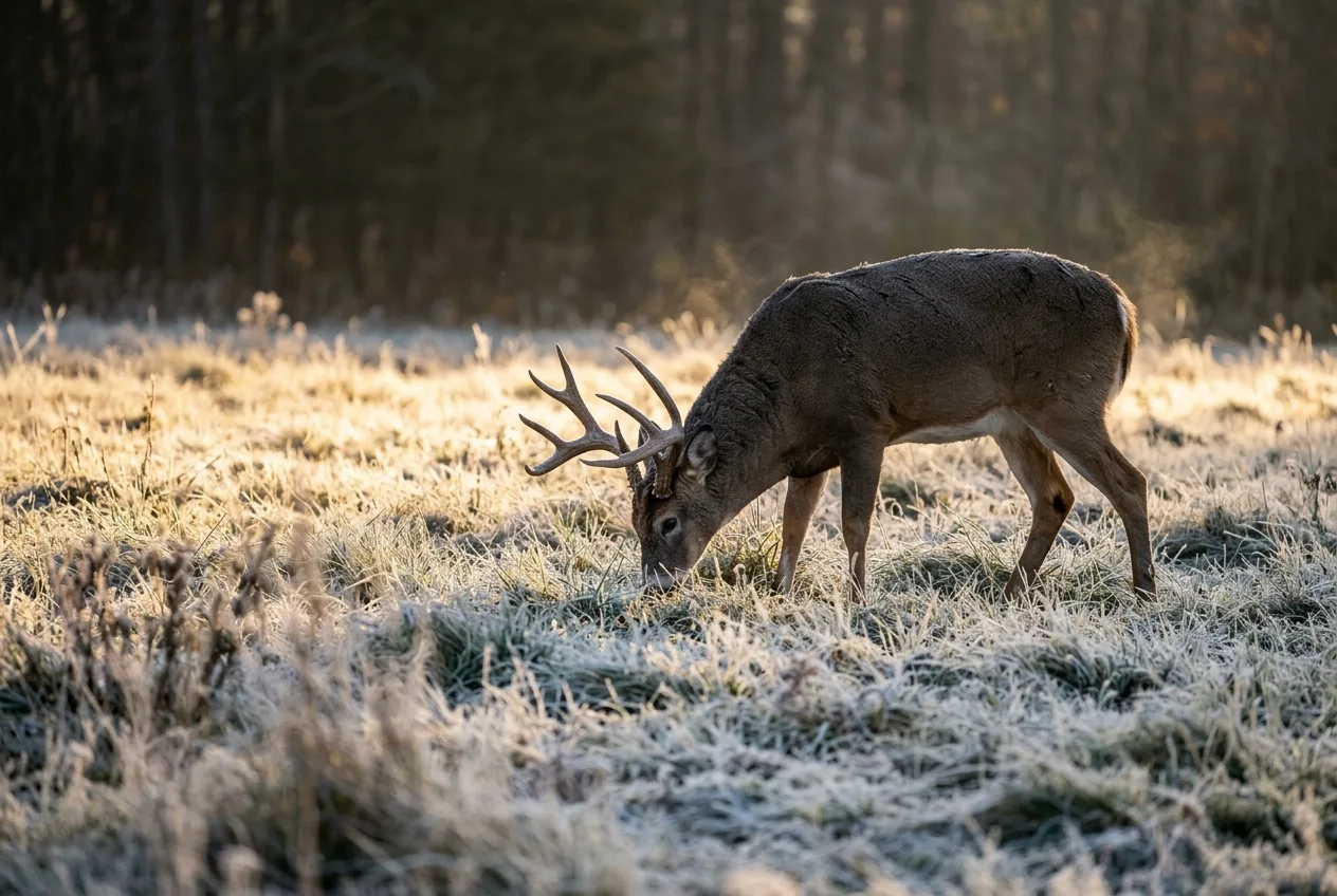 A white-tailed buck feeding in a frosty field in the low golden light just after sunrise