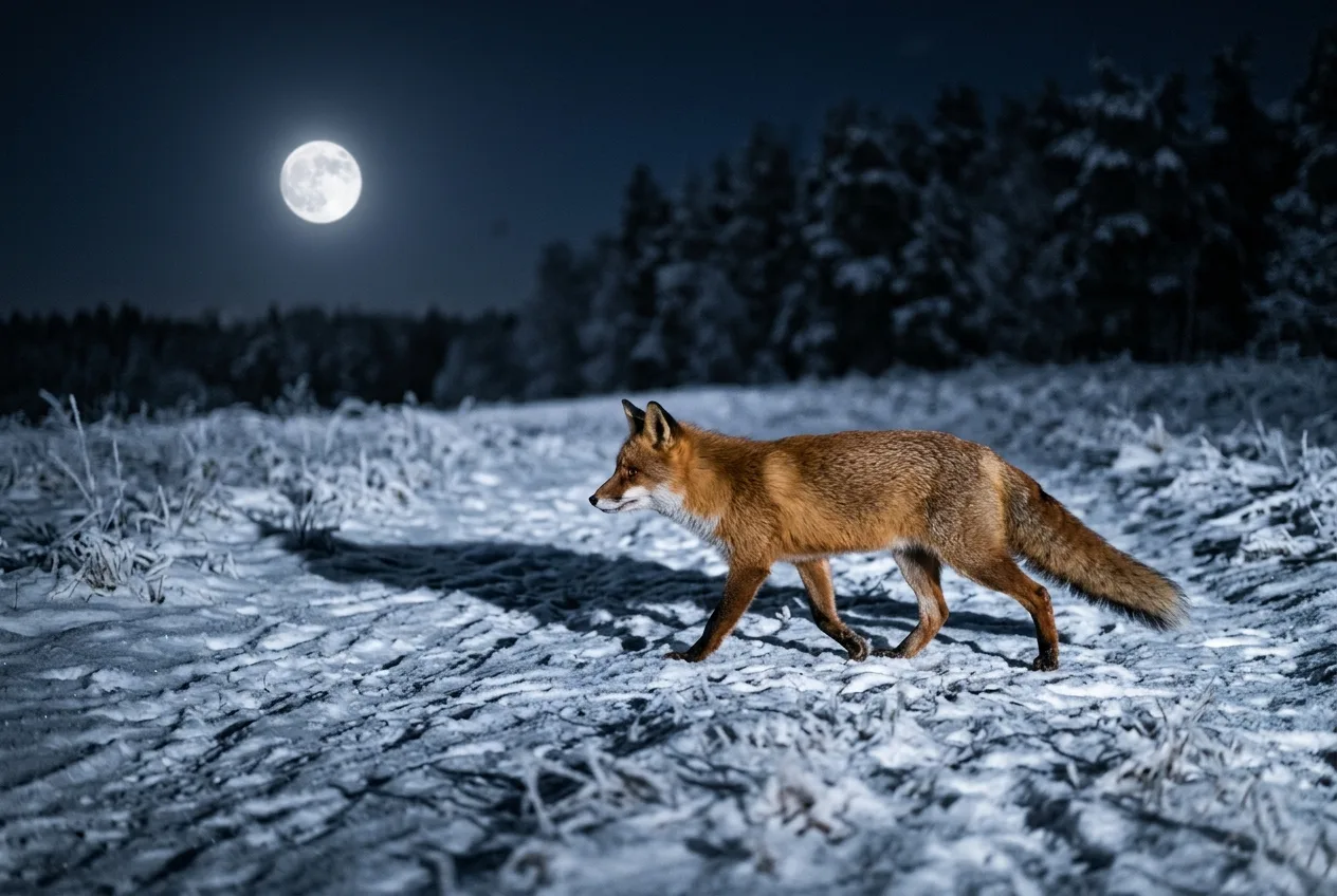A red fox crossing open ground under a bright full moon on a clear winter night