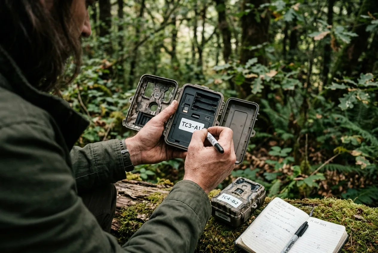 A person's hands writing an ID label inside the door of a trail camera in the field