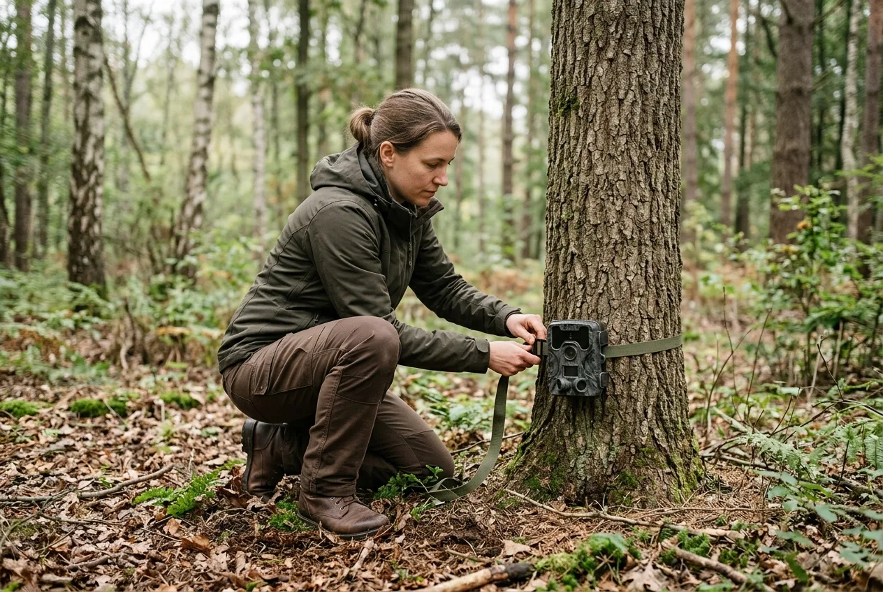 A person crouching to mount a trail camera at knee height on a tree, measuring against their knee