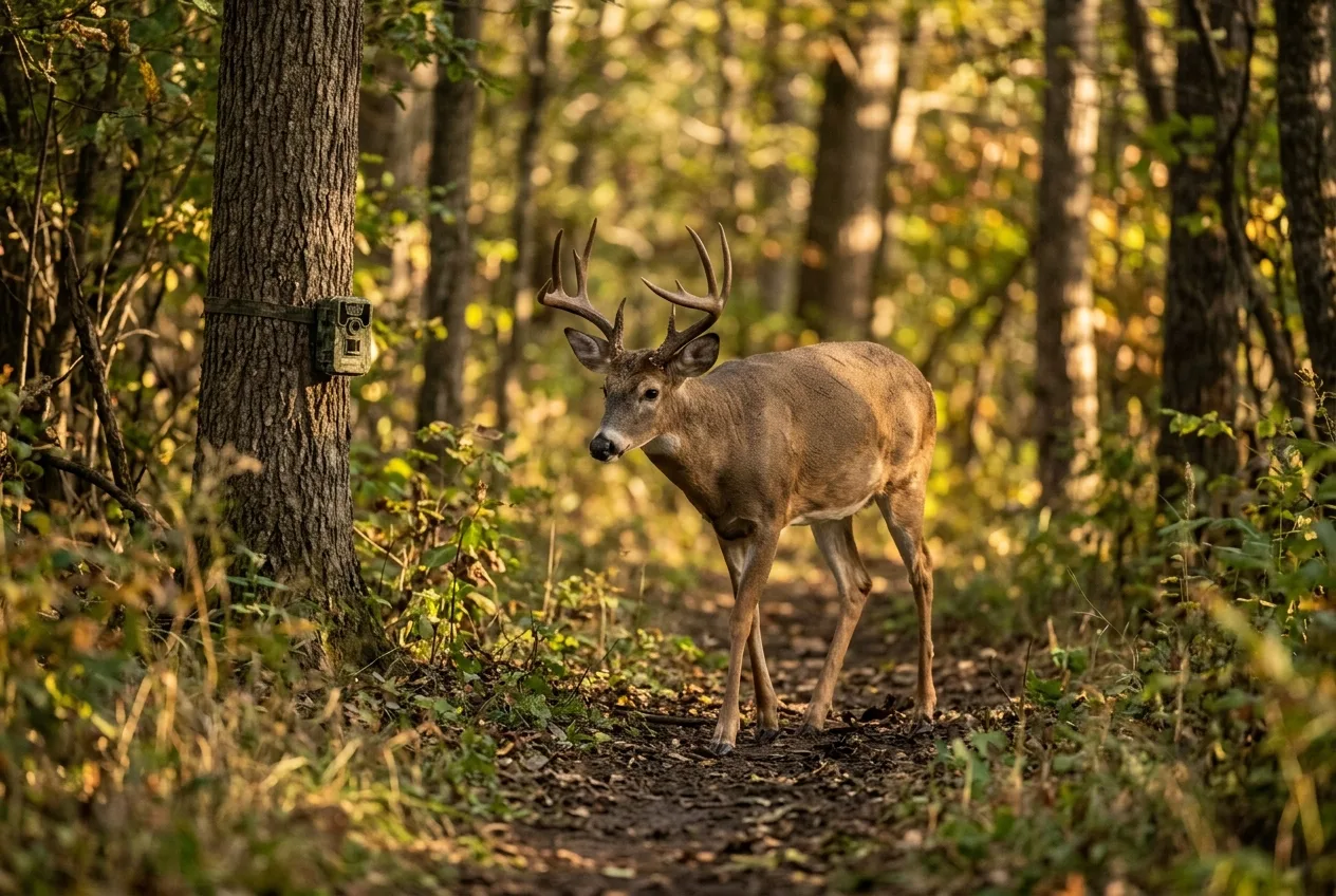 A white-tailed deer walking along a trail past a level trail camera in low golden light