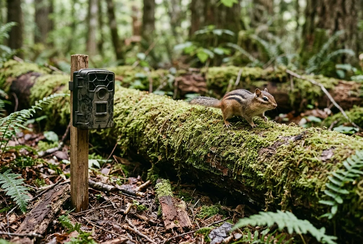 A trail camera mounted very low to the ground aimed along a mossy log where a chipmunk pauses