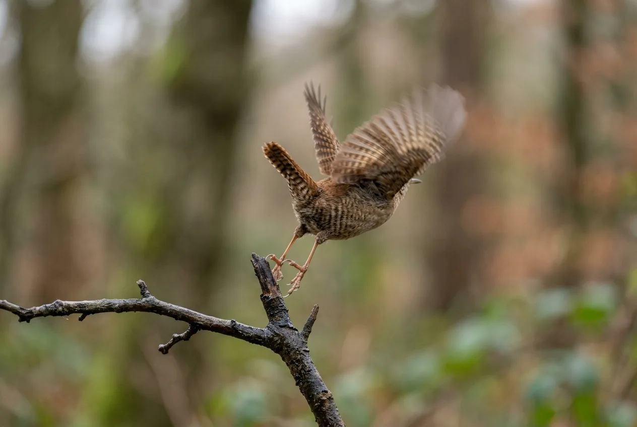 A small songbird in mid-flight leaving a perch, wings blurred with motion