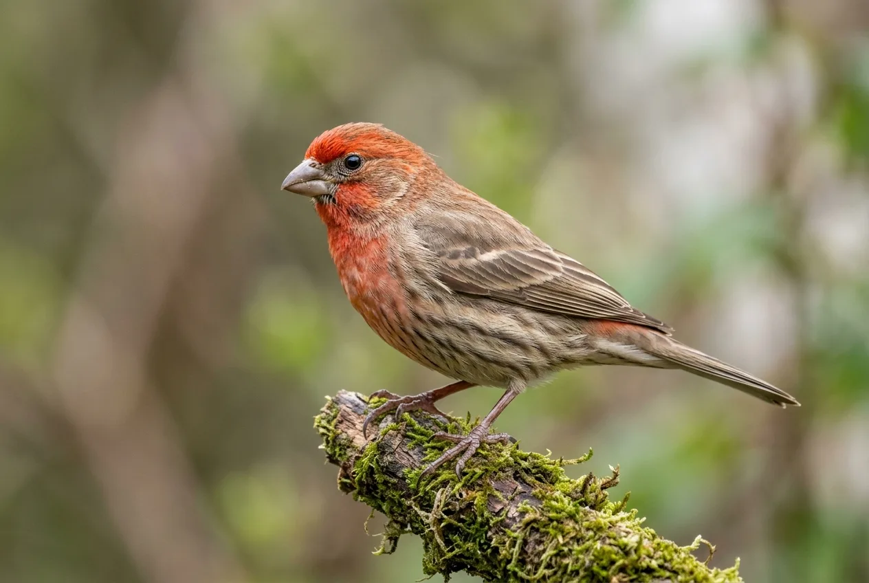 A close-focus view of a finch perched on a mossy branch placed in front of a camera