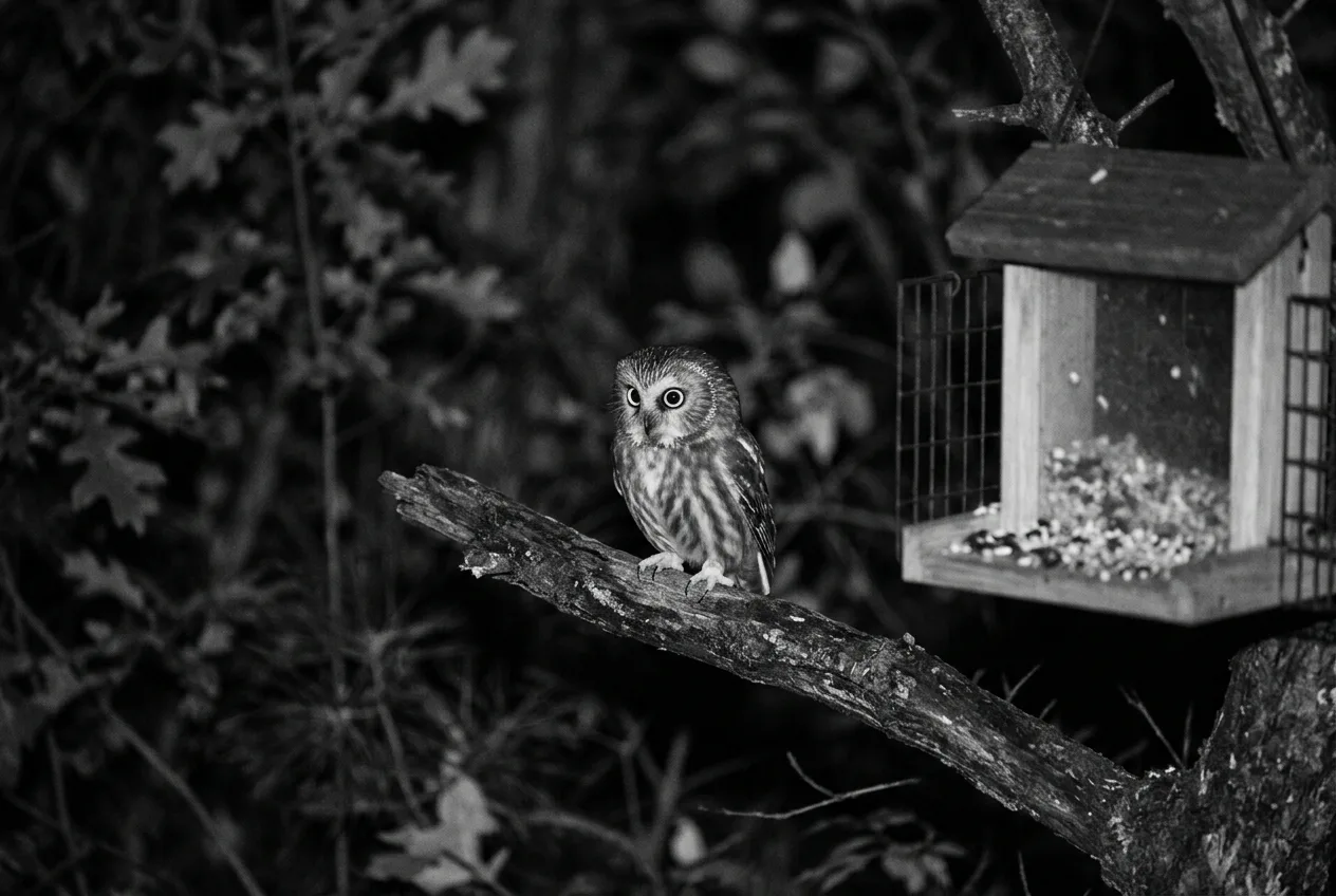 A monochrome infrared-style night image of an owl near a perch