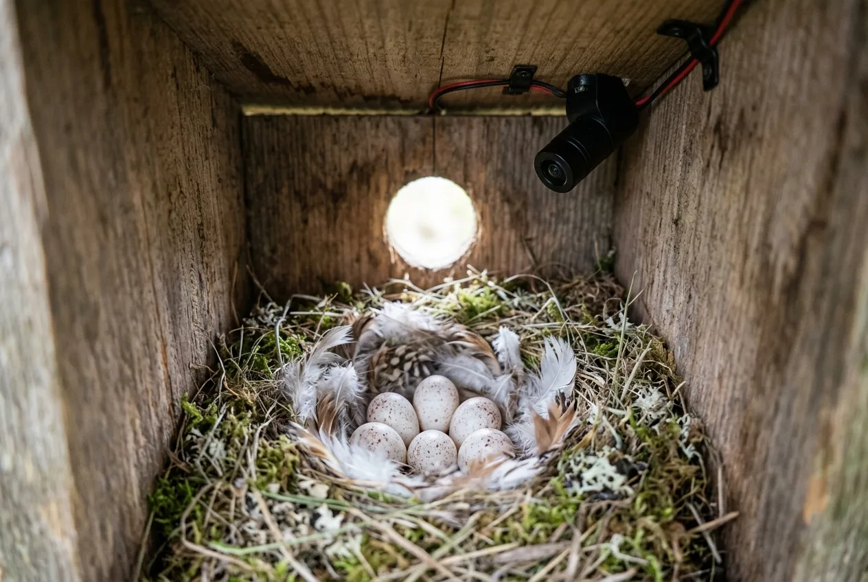 A small camera mounted inside a wooden nest box looking down at a clutch of eggs