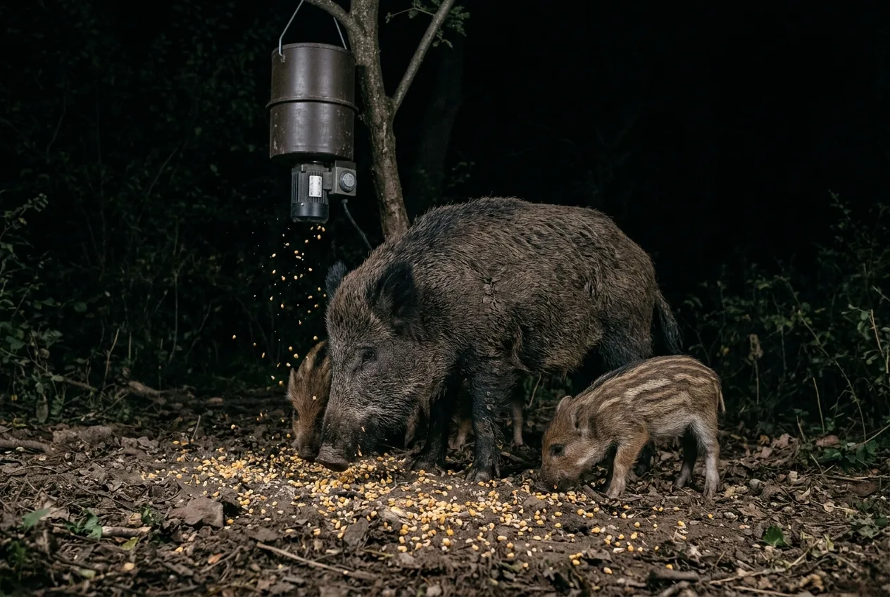 Wild boar at a feeder at night, the kind of low-light scene a no-glow camera captures.