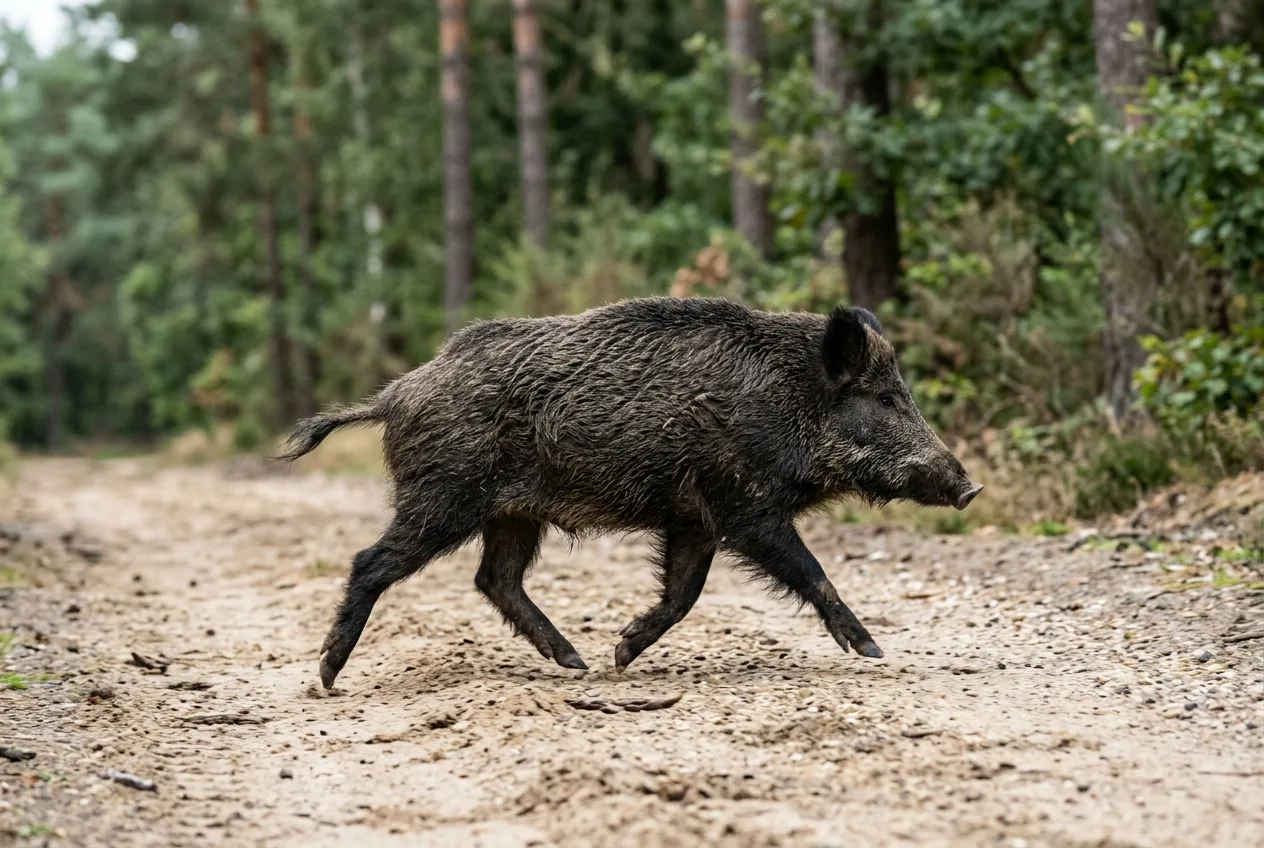 A wild boar trotting quickly across an open sandy firebreak, illustrating the need for fast trigger speed.