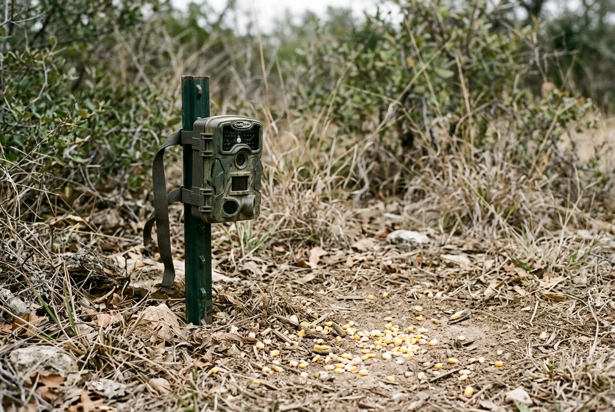 A trail camera mounted low on a stake at wild-boar height over a bait site.