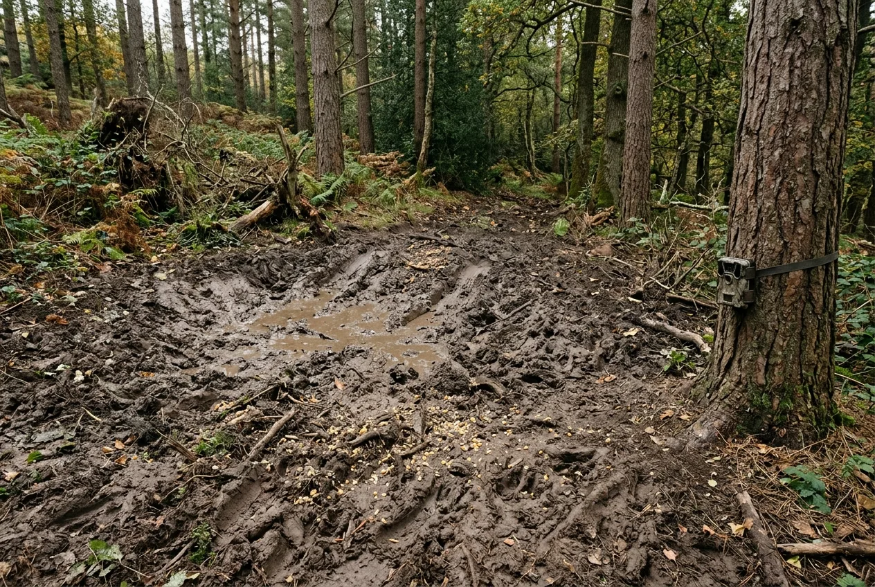 A heavily used wild boar wallow and bait site monitored by a trail camera.