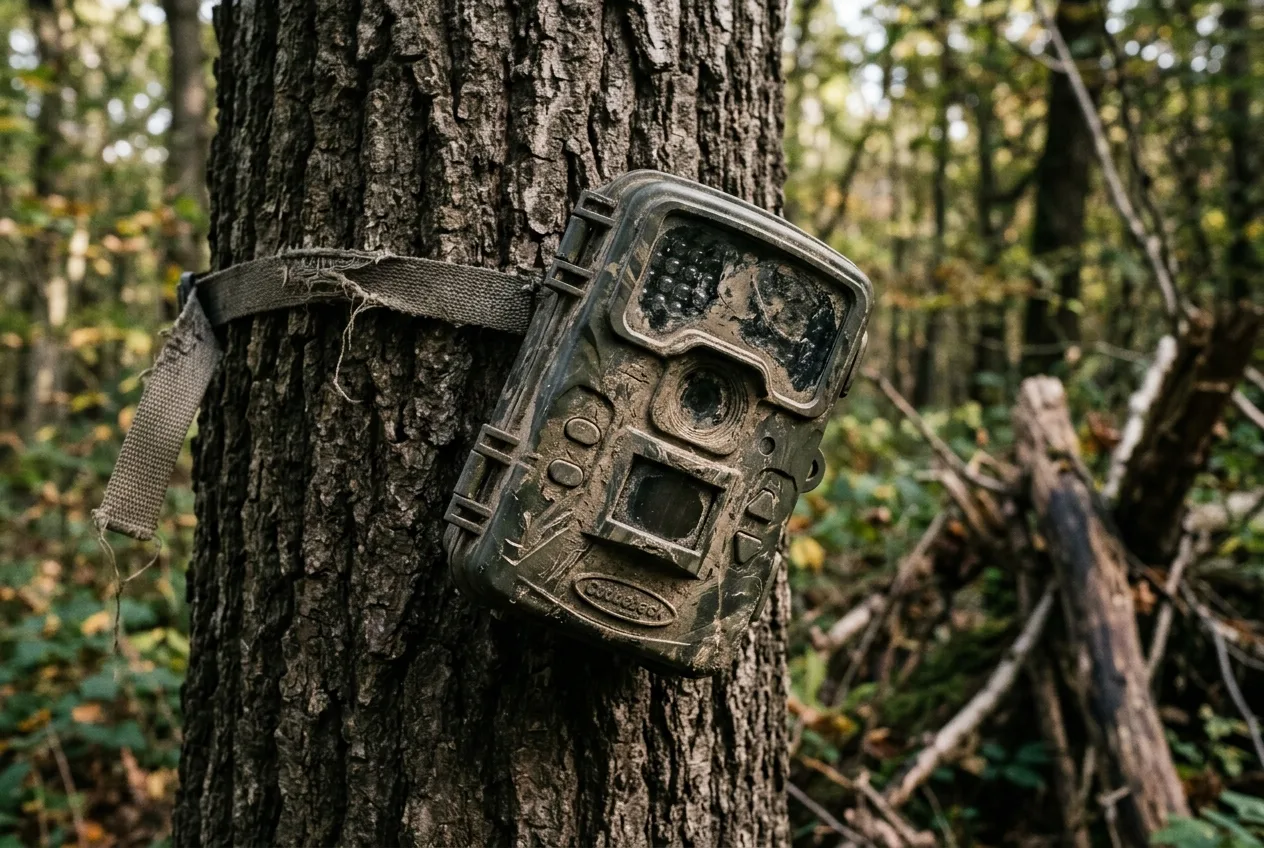 A trail camera knocked askew and mud-smeared by wild boar, showing why durable mounts matter.
