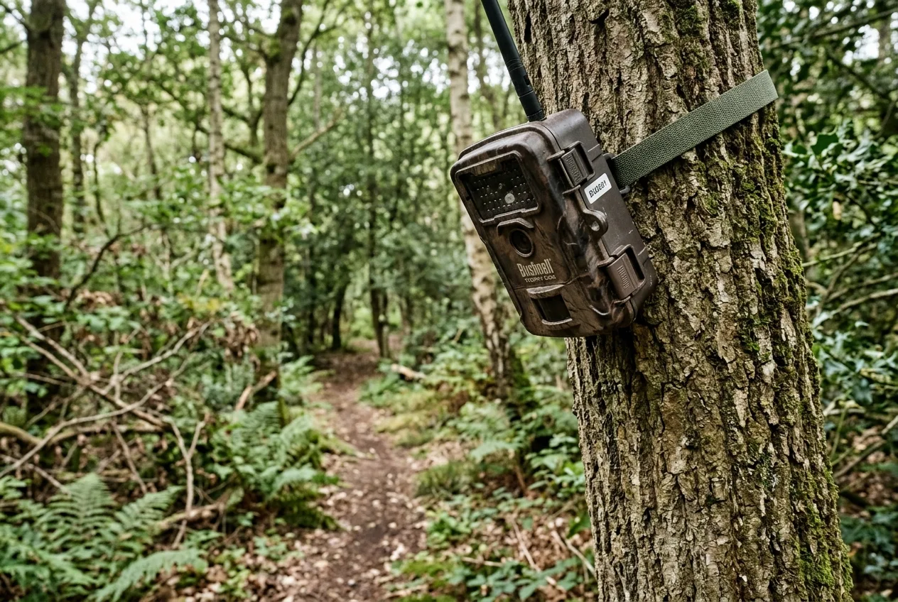A trail camera mounted high on a tree trunk angled down toward a trail