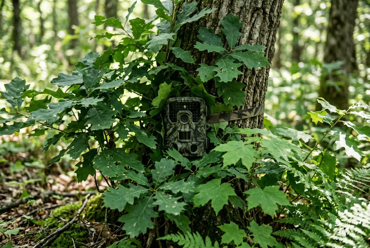 A trail camera well camouflaged and partly hidden in dense foliage