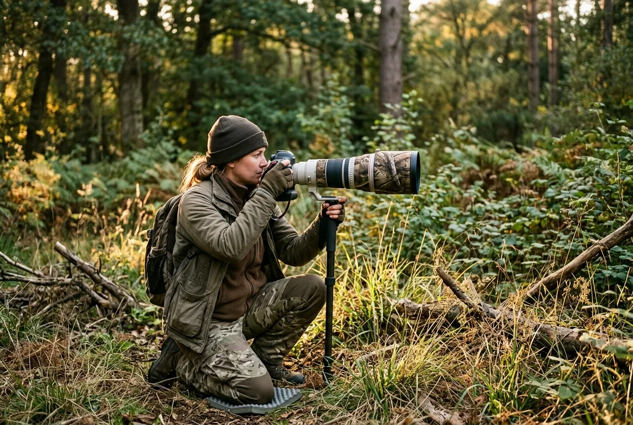 A wildlife photographer crouched low at the edge of a clearing with a long telephoto lens in warm early-morning light