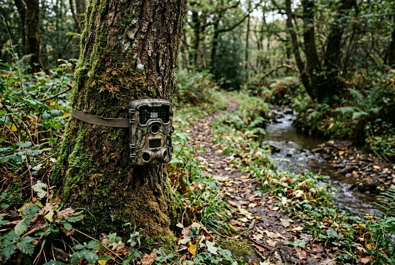 Close-up of a trail camera mounted low and level on a tree aimed along a trail near a small forest stream