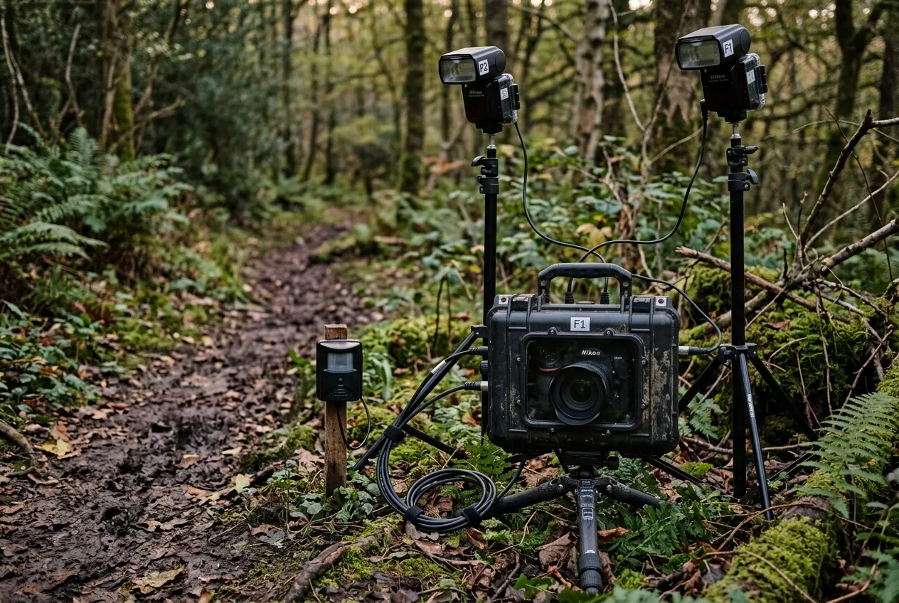 A DSLR camera-trap rig in a weatherproof case with an external motion sensor and off-camera flashes set low along a forest trail