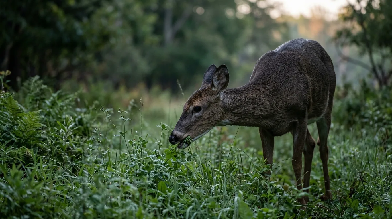A deer feeding head-down in a lush green clearing at soft dawn light