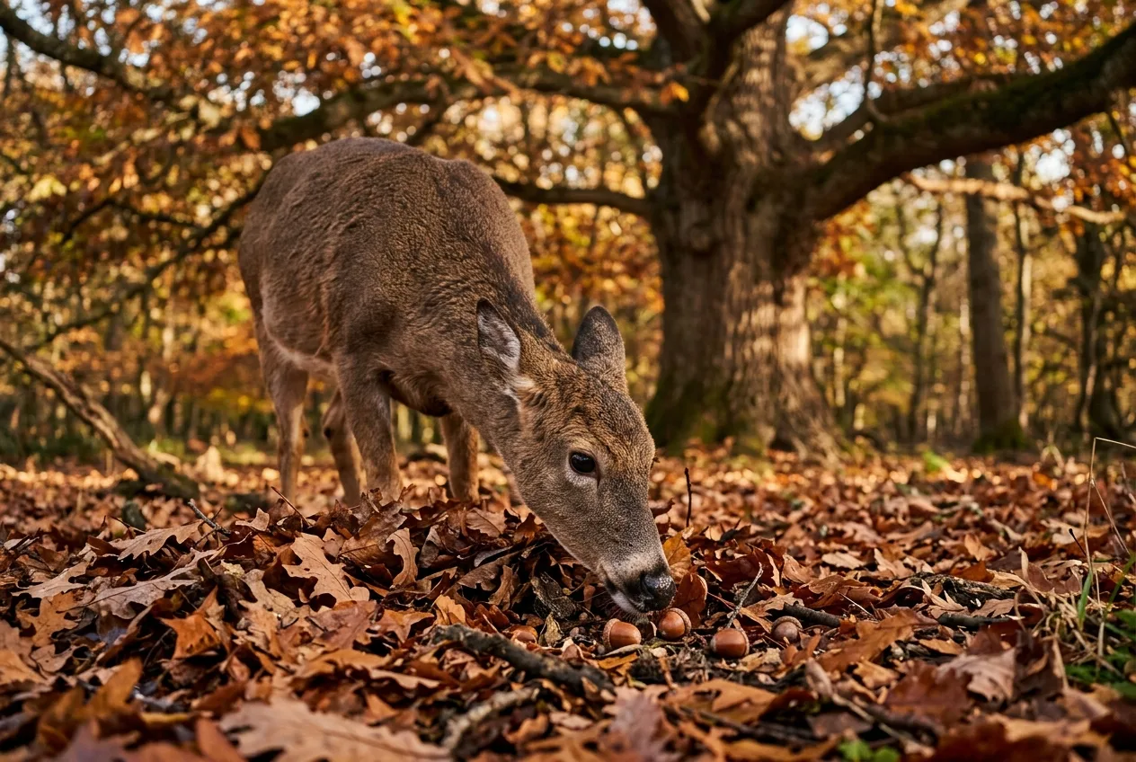 A deer nosing through fallen leaves for acorns beneath a large oak in autumn