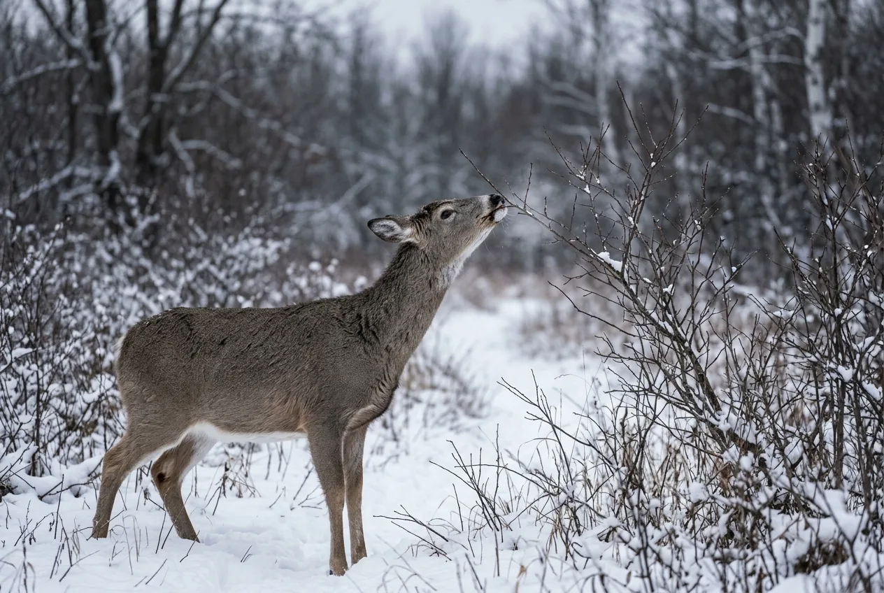 A deer browsing the bare twig ends of a shrub in a snowy dormant-season landscape