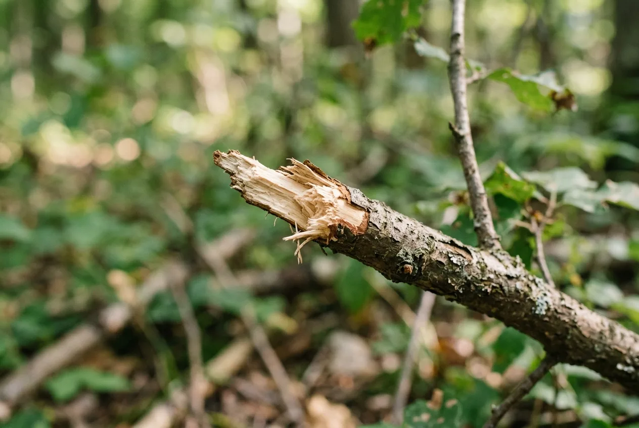 Close view of fresh deer browse where a twig has been nipped with a ragged tip