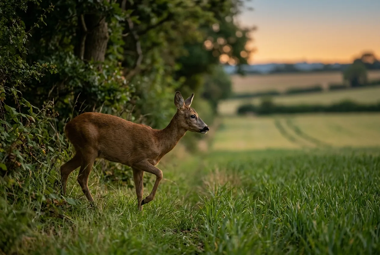 A deer stepping out to feed at the green edge of a field at dusk