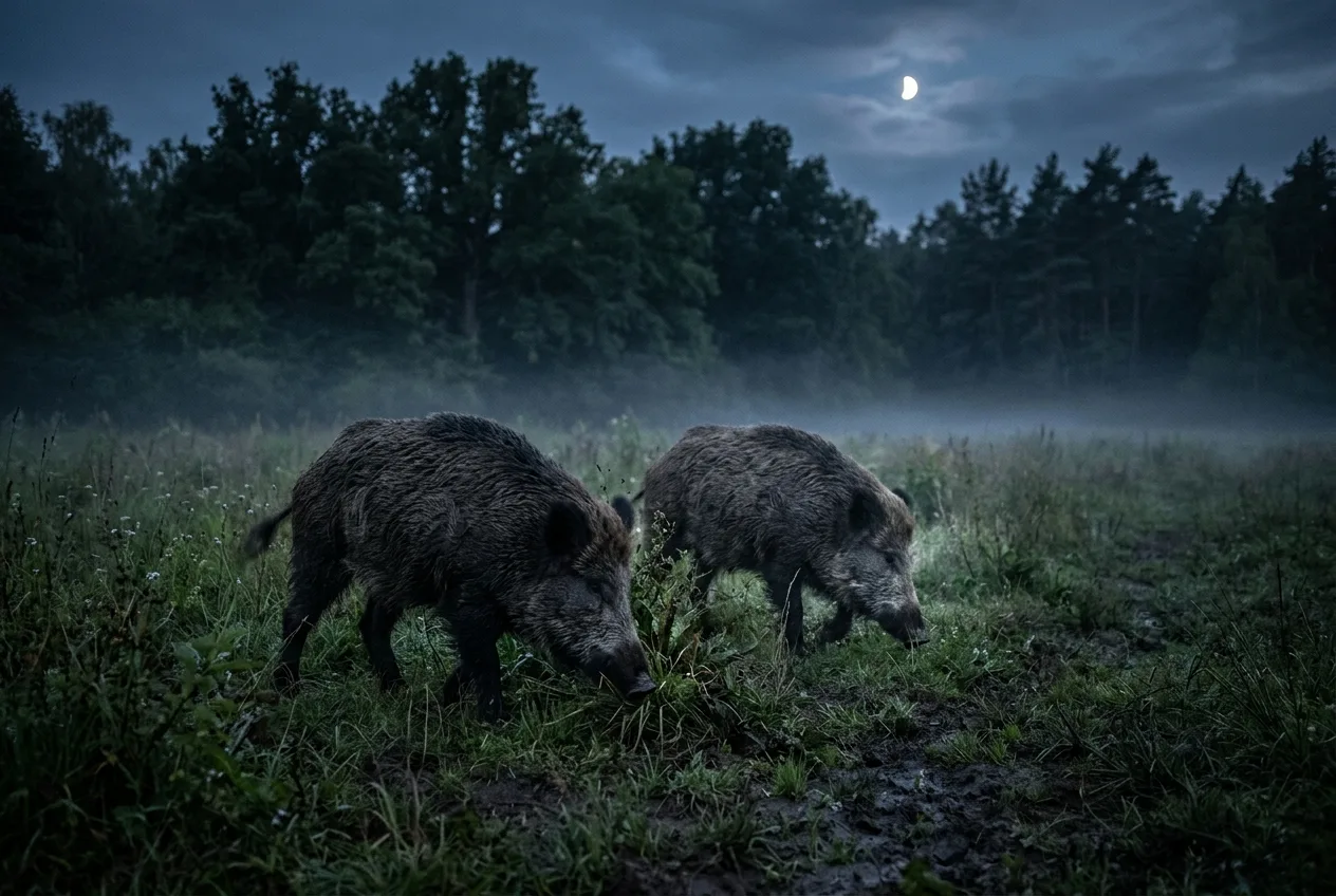 Two wild boar rooting in a moonlit meadow at night.