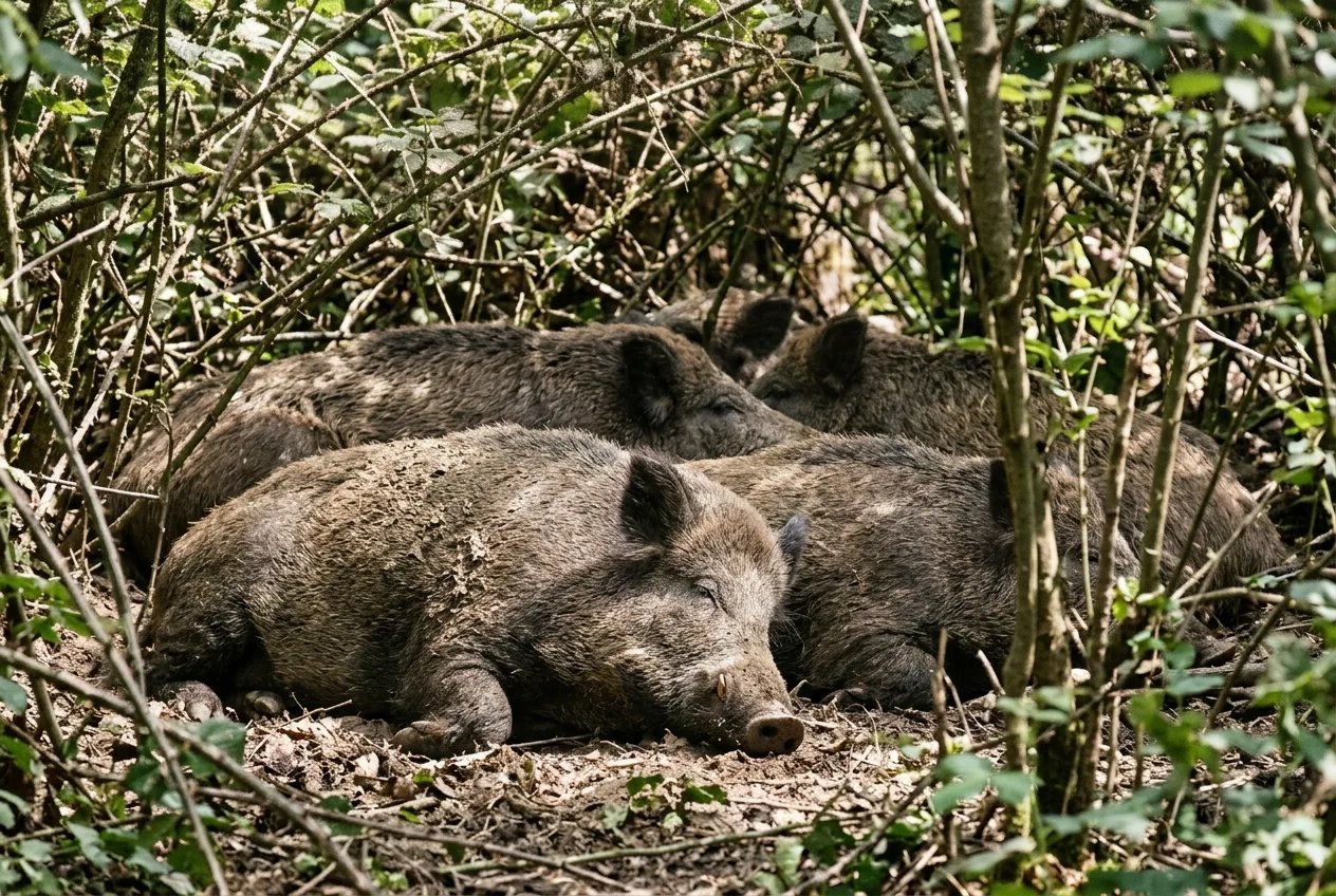 A group of wild boar resting in dense shaded cover during the heat of the day.
